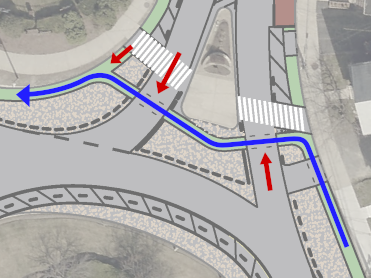 Diagram cropped to the College Ave north interactions,
       annotated with arrow showing path of a bike using the bike
       lane, along with other arrows showing conflict points.