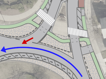 Diagram cropped to the College Ave north interactions,
       annotated with arrow showing path of a bike using the main
       lane, along with one arrow showing a conflict point.